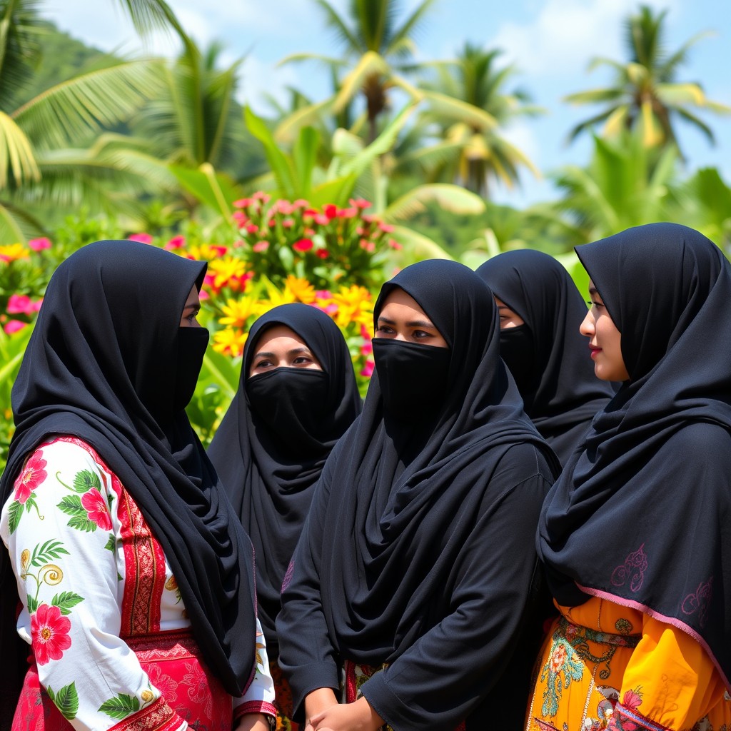 A group of Muslim women wearing black niqabs that cover their faces except for their eyes, set in a picturesque Caribbean landscape