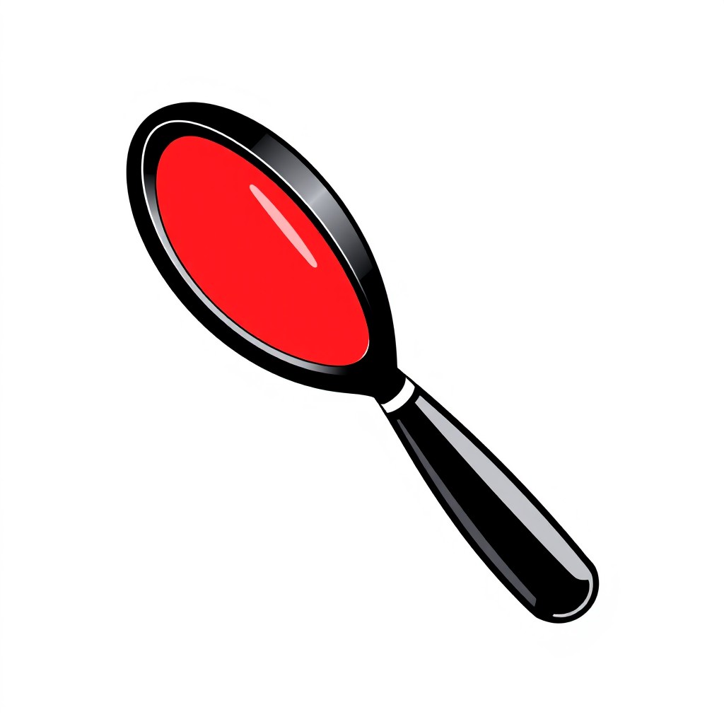 A modern logo featuring a stylized magnifying glass with a black handle and a vibrant red lens