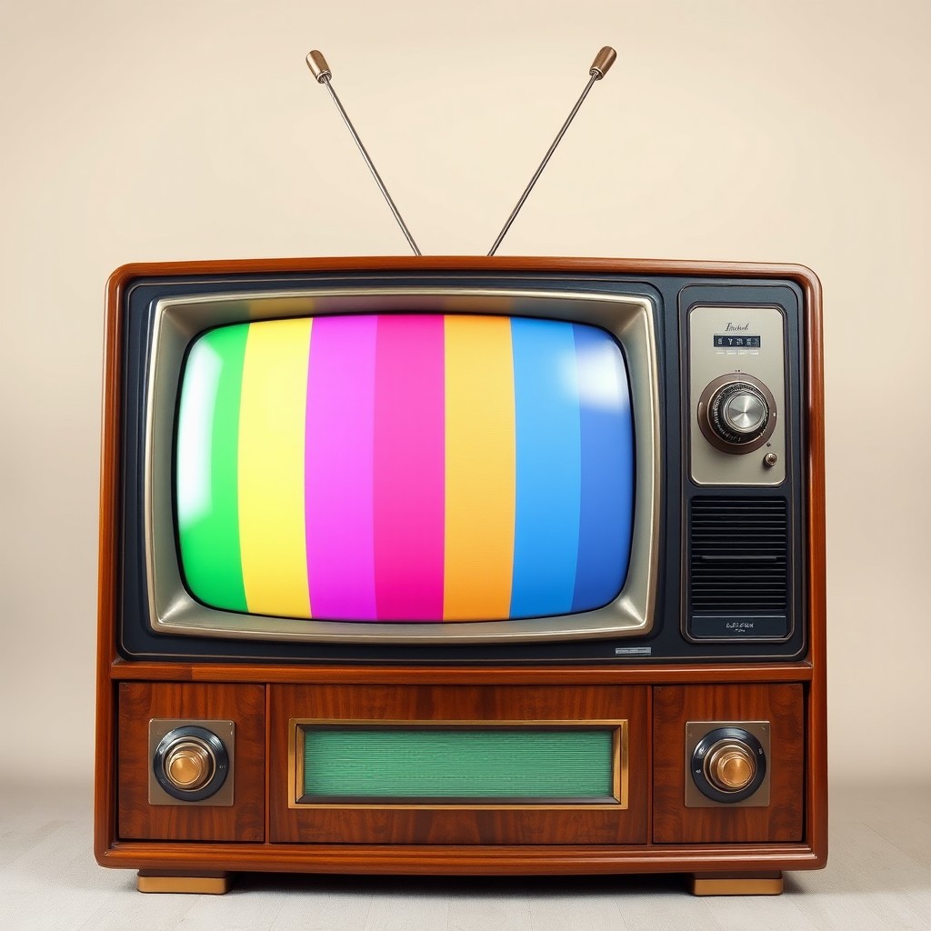 A classic retro television set featuring a curved screen, wooden cabinet, and iconic rabbit ear antennas