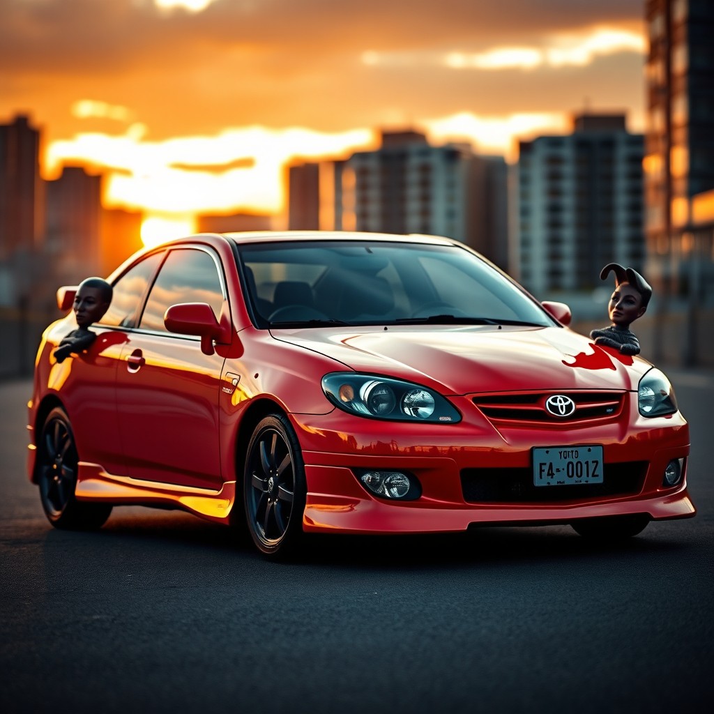 A stunning 2001 Toyota Caldina, known as 'ojo de gato', parked in a dramatic urban setting at sunset