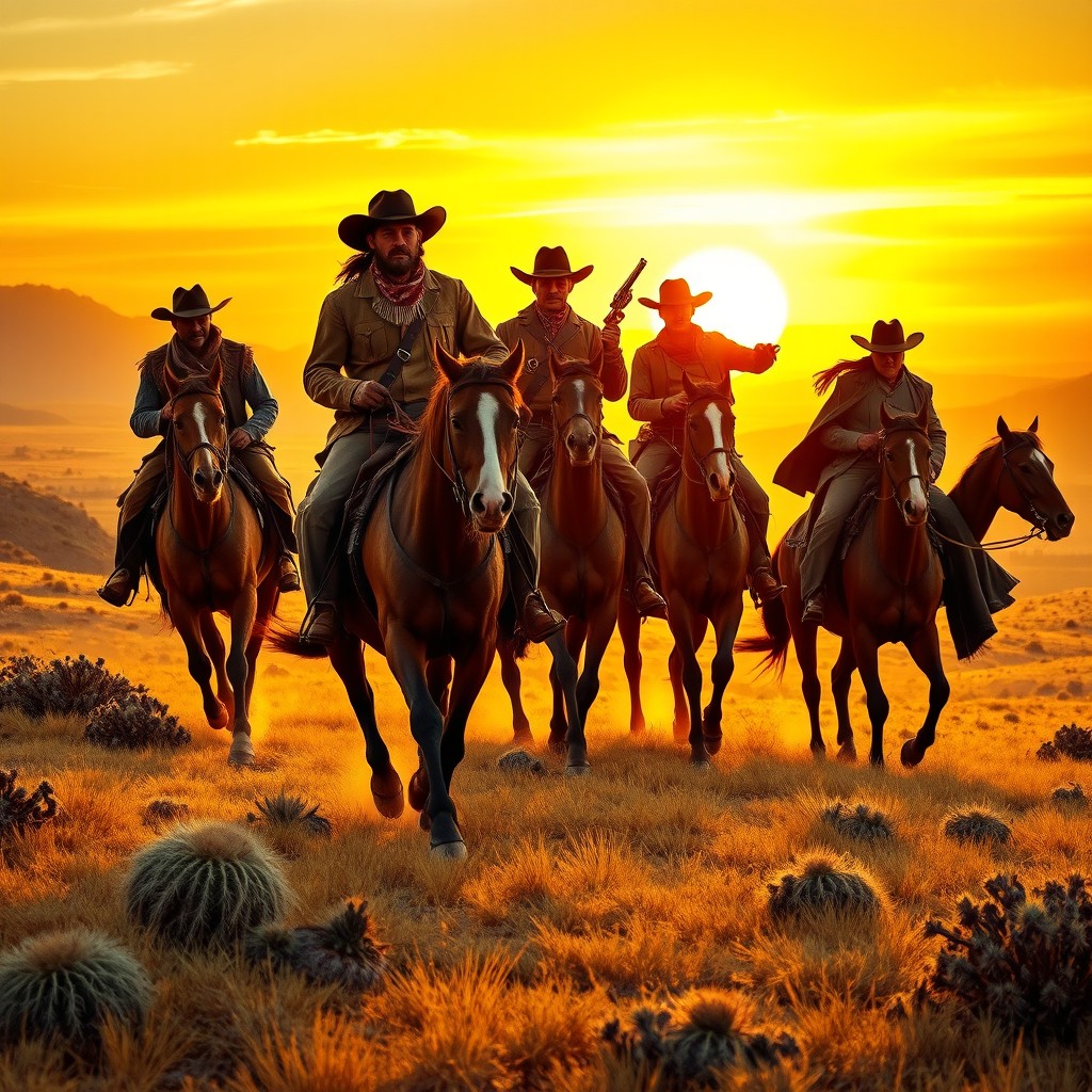 A striking image capturing a group of gunslingers from the Wild West riding their horses across a vast, golden landscape