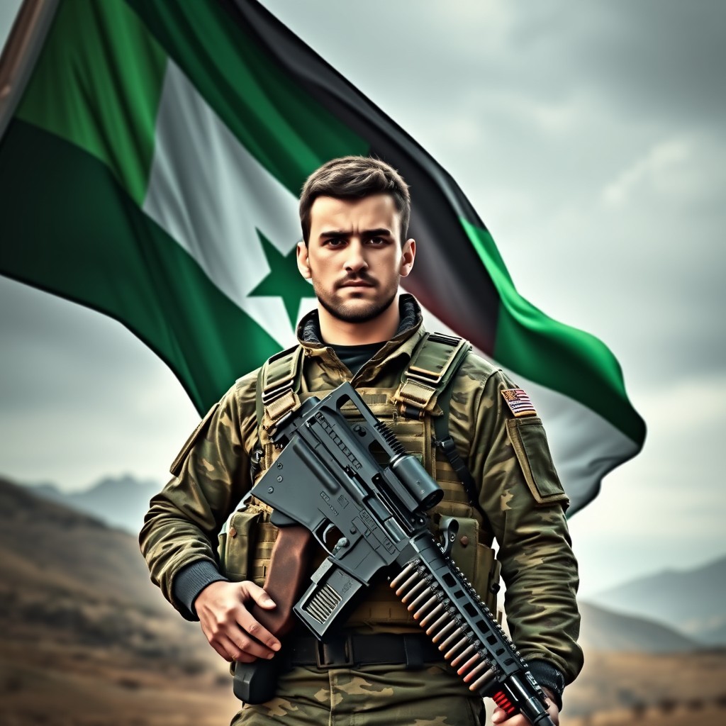 A soldier in military uniform proudly standing with the Syrian flag
