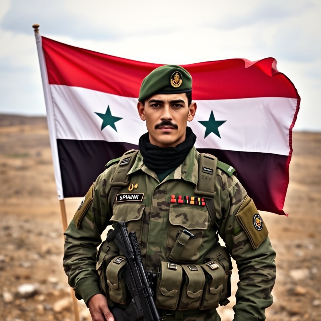 A soldier in military attire, proudly displaying the official Syrian flag