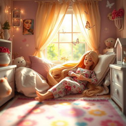 A beautiful scene of a Barbie doll peacefully sleeping in a cozy bedroom, adorned with pastel colors and soft blankets