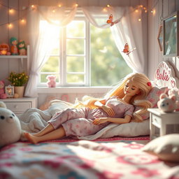A beautiful scene of a Barbie doll peacefully sleeping in a cozy bedroom, adorned with pastel colors and soft blankets