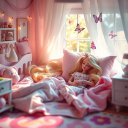 A beautiful scene of a Barbie doll peacefully sleeping in a cozy bedroom, adorned with pastel colors and soft blankets