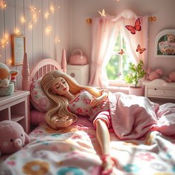 A beautiful scene of a Barbie doll peacefully sleeping in a cozy bedroom, adorned with pastel colors and soft blankets