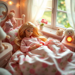 A charming scene of a Barbie doll softly sleeping in a beautifully decorated bedroom