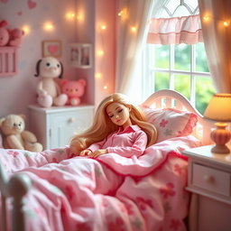 A charming scene of a Barbie doll softly sleeping in a beautifully decorated bedroom