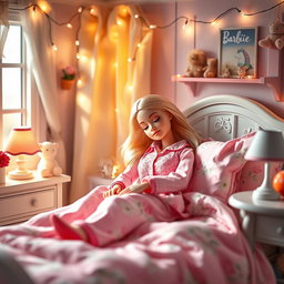 A charming scene of a Barbie doll softly sleeping in a beautifully decorated bedroom