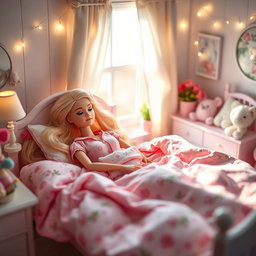 A charming scene of a Barbie doll softly sleeping in a beautifully decorated bedroom