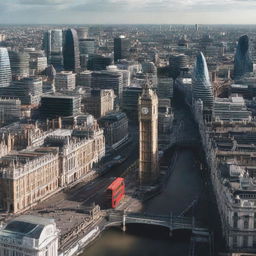 A hyper-realistic image in 8K resolution showcasing the iconic landmarks of London, capturing the bustling city life and rich architecture.