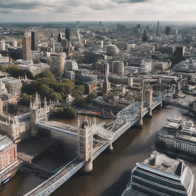 A hyper-realistic image in 8K resolution showcasing the iconic landmarks of London, capturing the bustling city life and rich architecture.