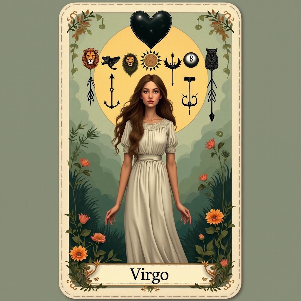 A beautifully designed prototype of a tarot card, featuring the figure representing the astrological sign of Virgo