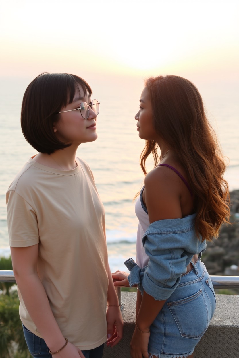 Two friends enjoying a beautiful view of the ocean in Recreio, Rio de Janeiro