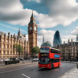 A hyper-realistic image in 8K resolution showcasing the iconic landmarks of London, capturing the bustling city life and rich architecture.