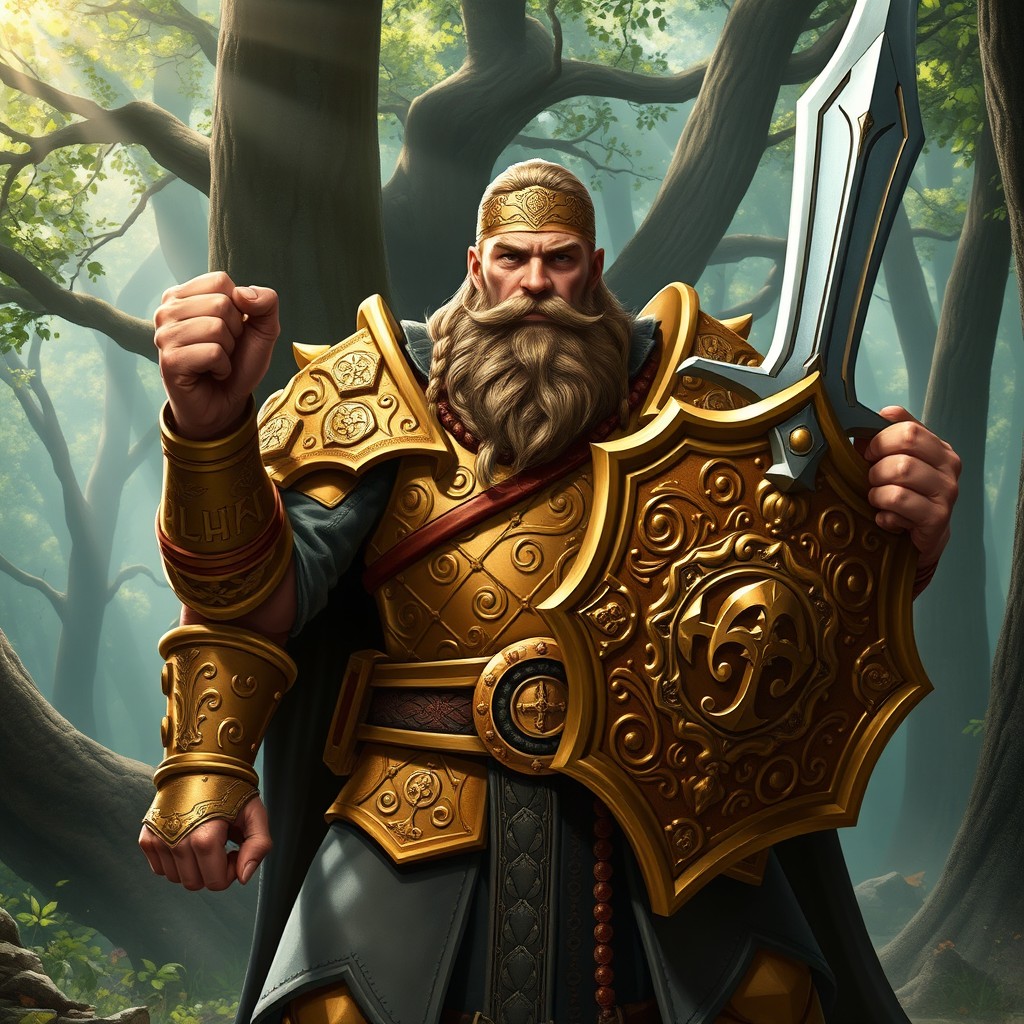 A mighty dwarf paladin from Dungeons & Dragons, clad in ornate golden armor adorned with intricate engravings that shine in the sunlight