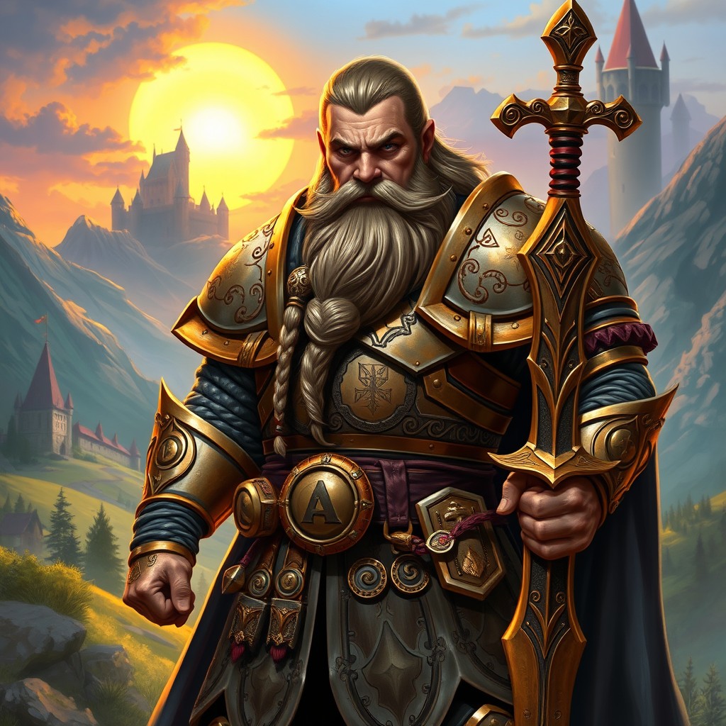 A heroic dwarven paladin from Dungeons & Dragons, clad in shining armor adorned with intricate runes and symbols of honor