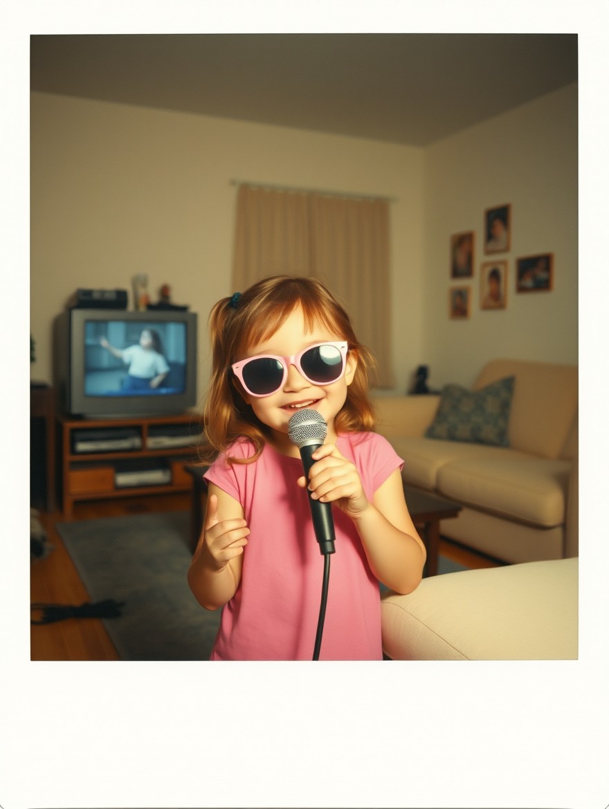 A nostalgic Polaroid-style instant film photo of a happy 5-year-old girl wearing trendy sunglasses and singing into a handheld microphone in a typical 1990s American suburban living room