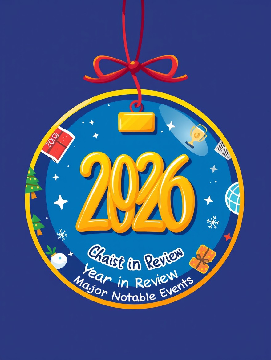 A charming round Christmas ornament design in a playful cartoon style, featuring a prominent central '2026' rendered in glossy gold with highlights that catch the light