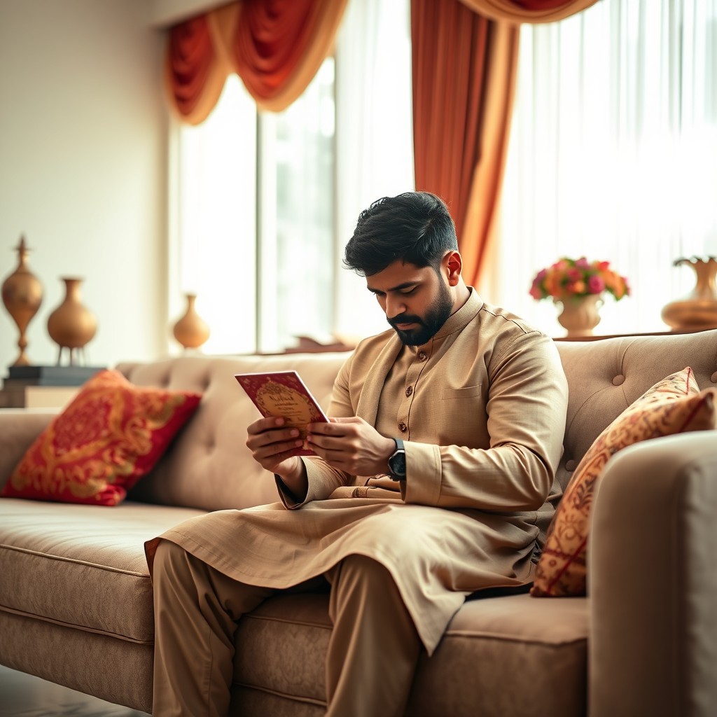 An Indian man sitting on a plush, modern sofa with a sad expression, holding a wedding card in his hands
