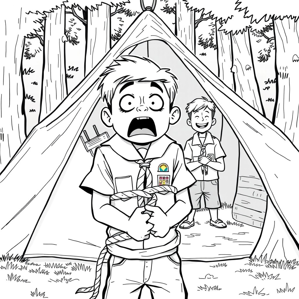A humorous comic drawing in black and white featuring a 13-year-old boy scout who looks scared and is tied up with a rope around his wrist and body