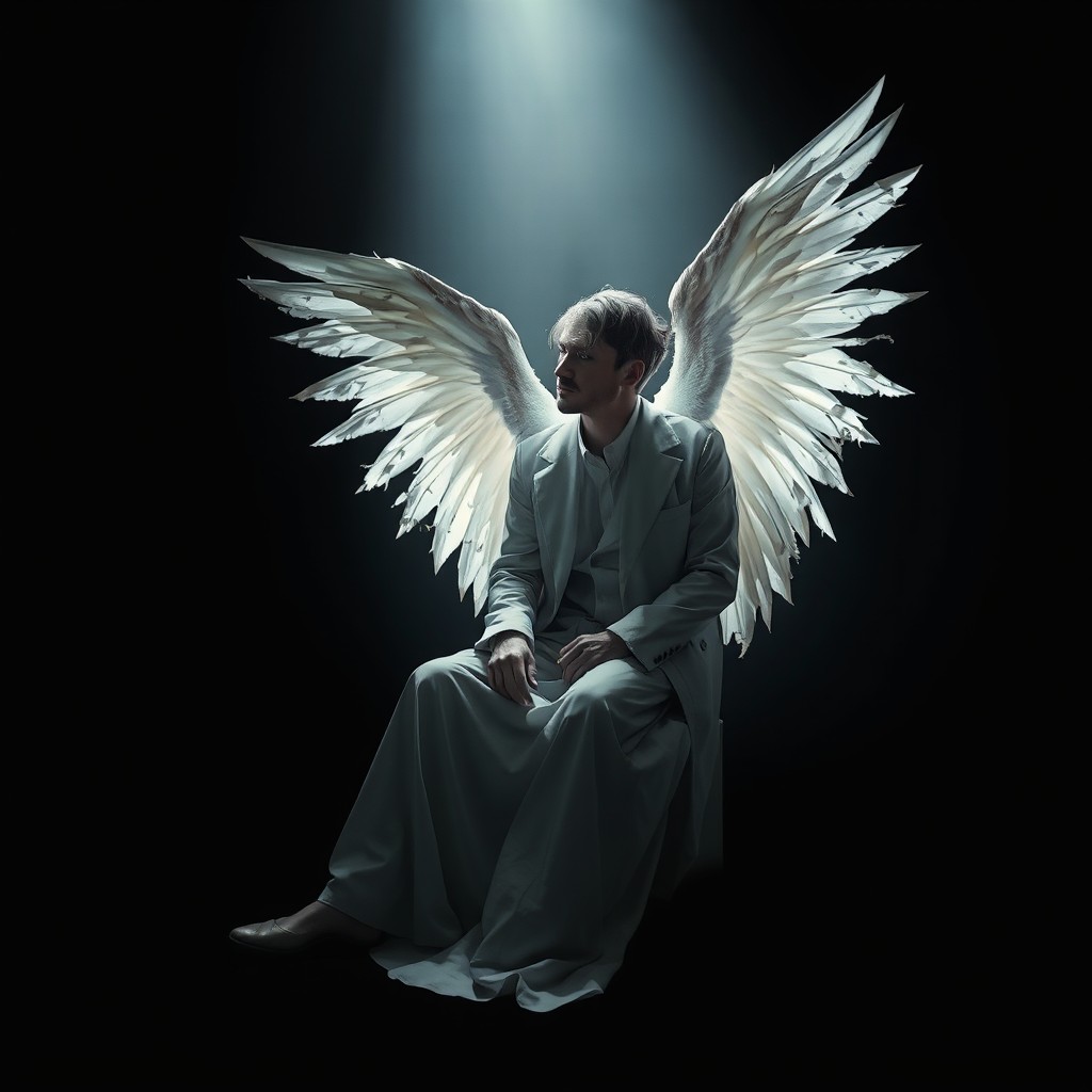 A dramatic scene featuring a man sitting under a beam of light that breaks through a black background