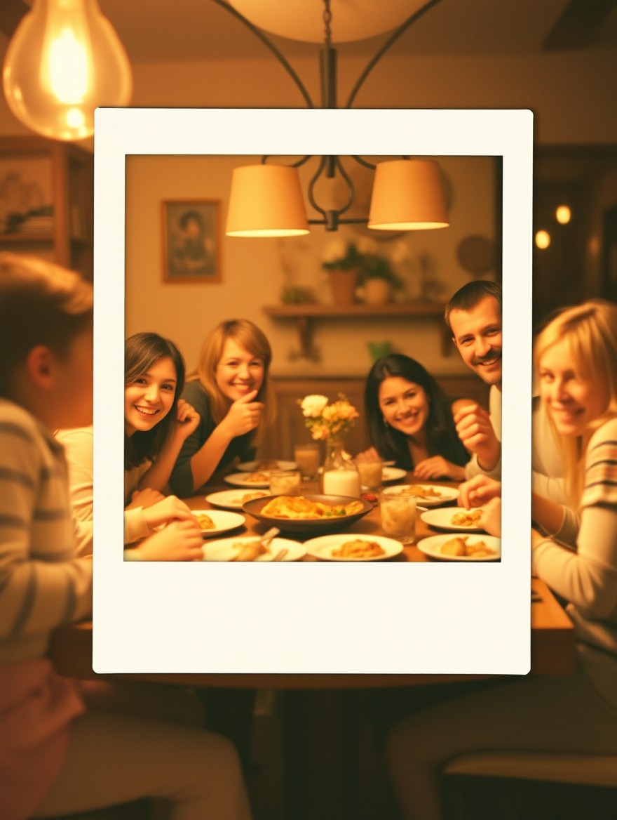 A candid Polaroid photo capturing a joyful family gathering around a dinner table, filled with warmth and connection