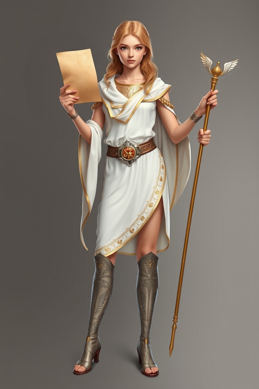 A young female messenger inspired by the Greek god Hermes, depicted in full-body