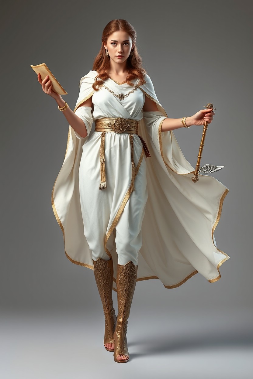 A full-body image of a female messenger inspired by the Greek god Hermes