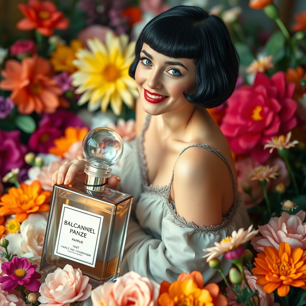 A beautiful woman with short black bobbed hair and sparkling blue eyes, sitting elegantly on a perfume bottle surrounded by a colorful array of flowers