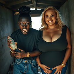 Inside an abandoned, rundown shack, a 19-year-old malnourished African woman with deeply rich black skin is portrayed holding a baby bottle, her eyes wide with intensity and panic