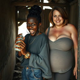 Inside an abandoned, rundown shack, a 19-year-old malnourished African woman with deeply rich black skin is depicted holding a baby bottle, her eyes wide with panic and intensity