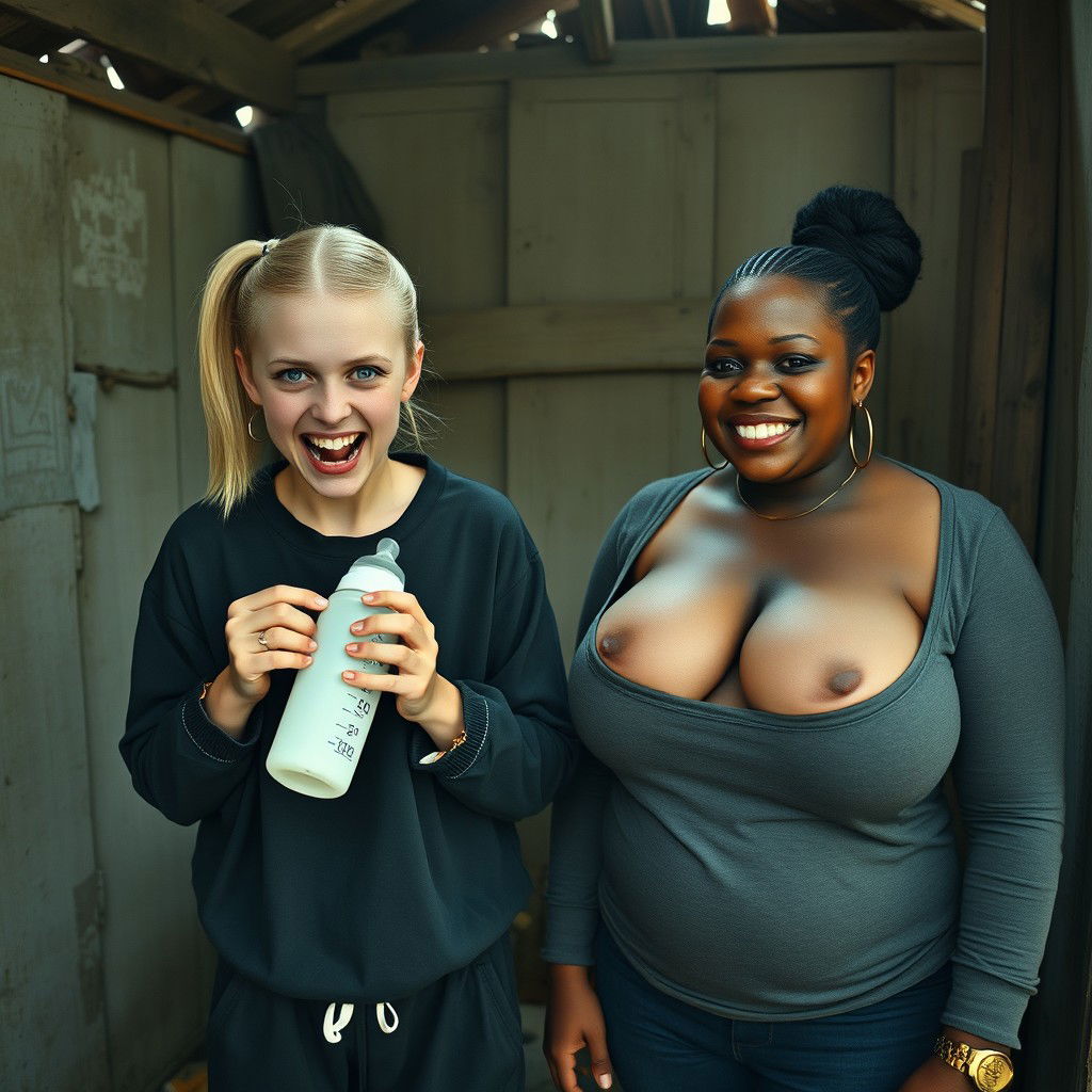 In an abandoned poor shack, a 19-year-old malnourished evil-looking blonde woman with blue eyes holds a baby bottle, her eyes wide and manic as she screams and smiles