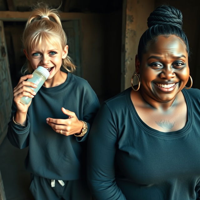 In an abandoned poor shack, a 19-year-old malnourished evil-looking blonde woman with blue eyes holds a baby bottle, her eyes wide and manic as she screams and smiles