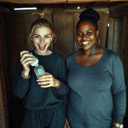 In an abandoned poor shack, a 19-year-old malnourished evil-looking blonde woman with blue eyes holds a baby bottle, her eyes wide and manic as she screams and smiles