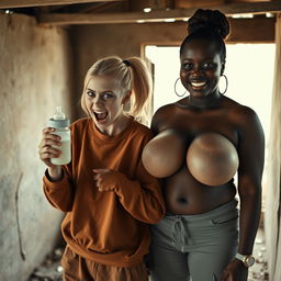In an abandoned poor shack, a 19-year-old malnourished evil-looking blonde woman with blue eyes holds a baby bottle, her eyes wide and manic as she screams and smiles