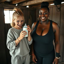 In an abandoned poor shack, a 19-year-old malnourished evil-looking blonde woman with blue eyes holds a baby bottle, her eyes wide and manic as she screams and smiles