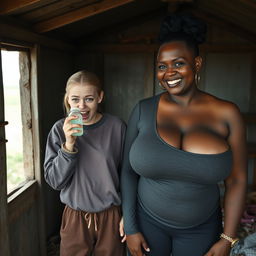 In an abandoned poor shack, a 19-year-old malnourished evil-looking blonde woman with blue eyes holds a baby bottle, her eyes wide and manic as she screams and smiles