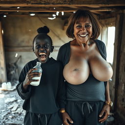 In a dilapidated, abandoned shack, a very small and unsettling 22-year-old African woman with deep black skin holds a baby bottle filled with milk