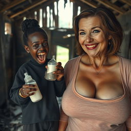 In a dilapidated, abandoned shack, a very small and unsettling 22-year-old African woman with deeply black skin holds a baby bottle filled with milk