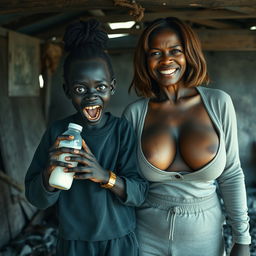 In a dilapidated, abandoned shack, a very small and unsettling 22-year-old African woman with deeply black skin holds a baby bottle filled with milk