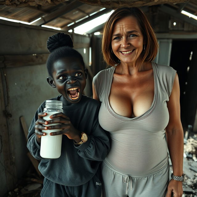 In a dilapidated, abandoned shack, a very small and unsettling 22-year-old African woman with deeply black skin holds a baby bottle filled with milk