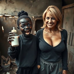 In a dilapidated, abandoned shack, a very small and unsettling 22-year-old African woman with deep black skin holds a baby bottle filled with milk