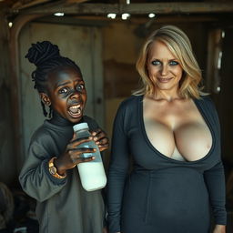 In a dilapidated, abandoned shack, a very small and unsettling 22-year-old African woman with deep black skin holds a baby bottle filled with milk