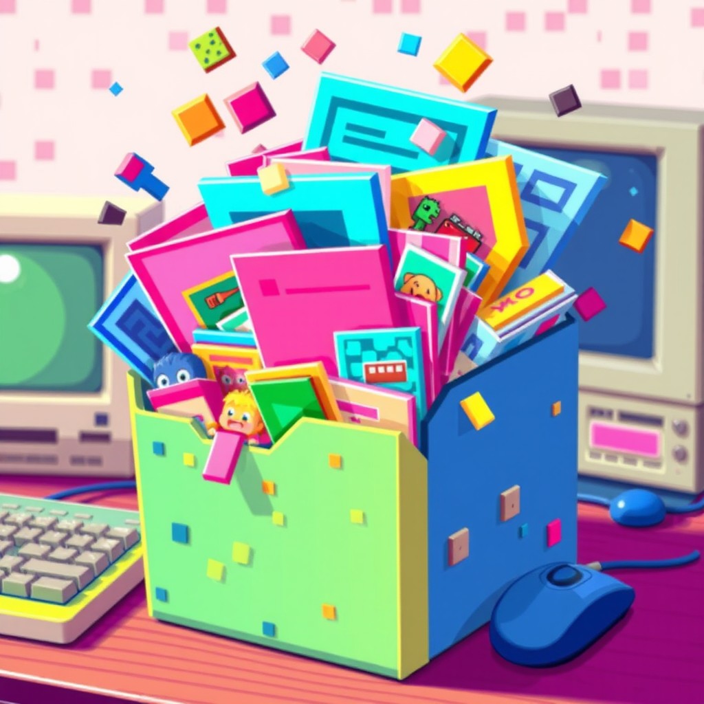 A vibrant pixel art folder overflowing with colorful, pixelated documents and images, featuring an 8-bit style design