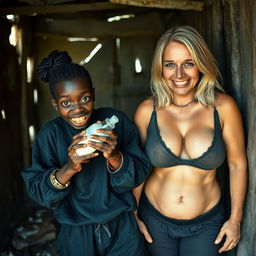 In a dilapidated, abandoned shack, a unique scene features a malnourished 19-year-old African woman of very short stature with deeply dark skin