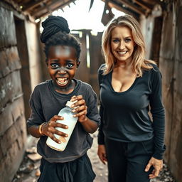 In a dilapidated, abandoned shack, a unique scene features a malnourished 19-year-old African woman of very short stature with deeply dark skin