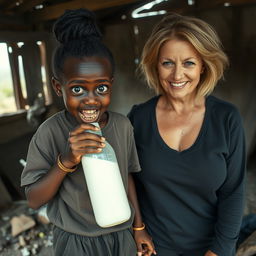 In a dilapidated, abandoned shack, a unique scene features a malnourished 19-year-old African woman of very short stature with deeply dark skin