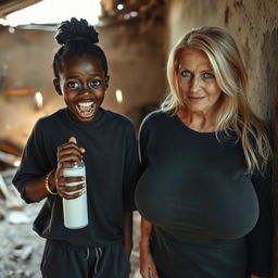 In a dilapidated, abandoned shack, a unique scene features a malnourished 19-year-old African woman of very short stature with deeply dark skin